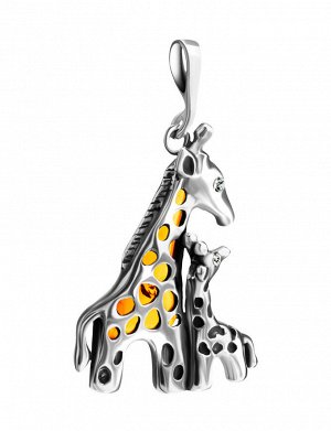Красивый серебряный кулон «Жирафы» с натуральным янтарём и кристаллами, 901708010