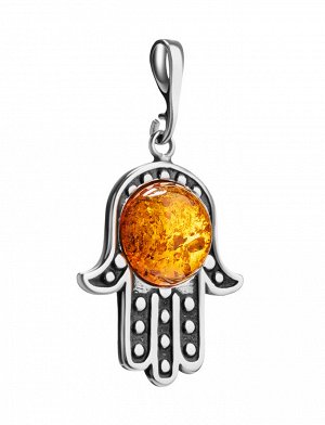 Стильный серебряный кулон с янтарём коньячного цвета «Хамса», 901708034
