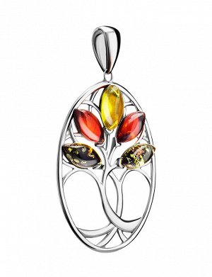Овальная подвеска из серебра и янтаря разных цветов «Древо жизни», 901712251