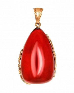 Крупный объёмный кулон из янтаря насыщенного красного цвета в золочённой оправе «Версаль», 910207733