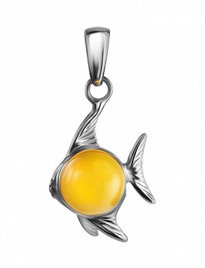 Яркий кулон из серебра и натурального медового янтаря «Котопёс. Рыбка»