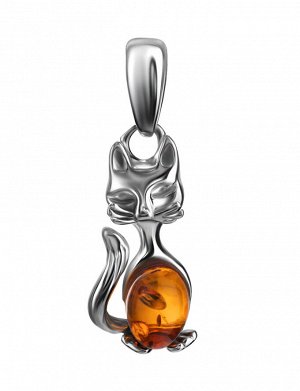 Изящный серебряный кулон с натуральным коньячным янтарём  «Котопёс. Кошечка»