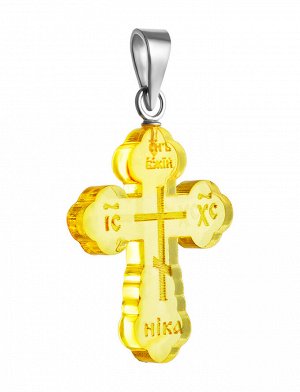 Крест из натурального цельного янтаря лимонного цвета с серебром, 009201454