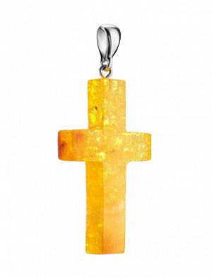 Крупный крест из искрящегося «сахарного» янтаря с серебром, 909208162
