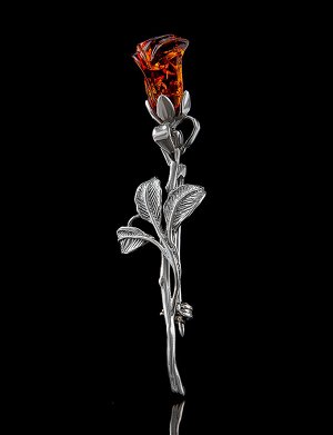 Изящная брошь из серебра с натуральным коньячным янтарём «Роза», 707907272