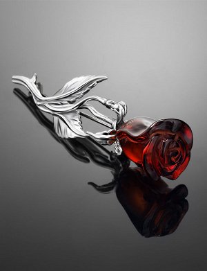 Роскошная брошь «Роза» из серебра и цельного янтаря красивого вишнёвого цвета