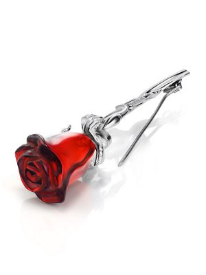 Роскошная брошь «Роза» из серебра и цельного янтаря красивого вишнёвого цвета