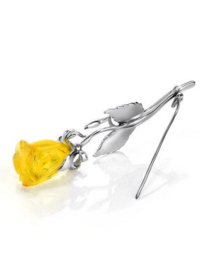 Изысканная серебряная брошь с натуральным лимонным янтарём «Роза», 007901189