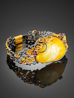 Великолепный браслет «Версаль» из серебра с натуральным янтарём и фианитами, 012602389