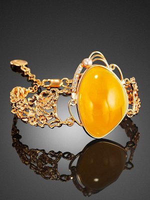 Роскошный браслет «Прима» из позолоченного серебра с янтарем, жемчугом и фианитами, 012602415