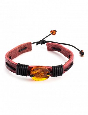 Стильный кожаный браслет с натуральным цельным янтарём «Копакабана»