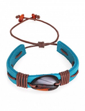 Яркий синий браслет из кожи с крупным кусочком натурального янтаря «Копакабана», 805009177