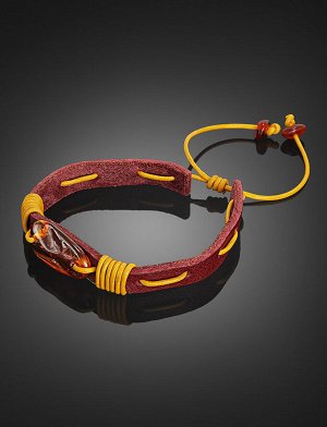 Яркий кожаный браслет с натуральным цельным янтарём «Копакабана», 805009180