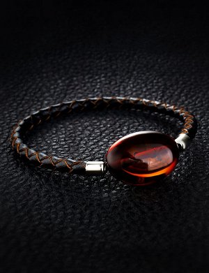 Стильный браслет-фенечка из кожи, украшенный натуральным янтарём, 905009088