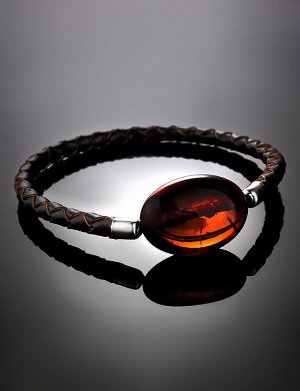 Стильный браслет-фенечка из кожи, украшенный натуральным янтарём, 905009088