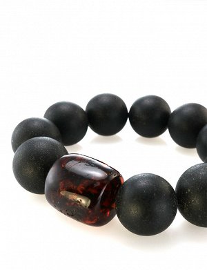 Великолепный объёмный браслет из шаров чёрного янтаря и вставкой-бочонком «Куба», 604607182