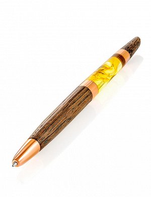 Красивая ручка из дерева и натурального цельного искрящегося янтаря с включением, 010601350