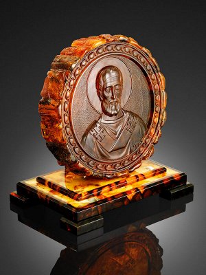 Резная икона из натурального янтаря на подставке «Николай Чудотворец», 005303277