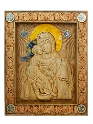 Резная икона из дерева, натурального янтаря и серебра «Владимирская Богоматерь», 006902363
