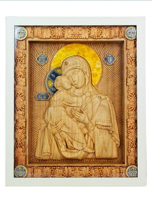Резная икона из дерева и натурального янтаря «Владимирская Богоматерь»