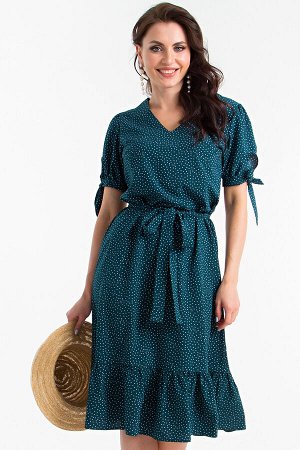 Платье Дарина с пояском (изумруд/горох) П1363-15