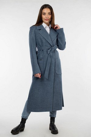 01-09403 Пальто женское демисезонное (пояс) валяная шерсть серо-голубой