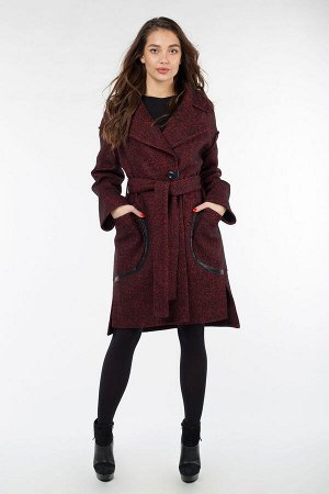 01-09397 Пальто женское демисезонное (пояс) вареная шерсть бордо-меланж
