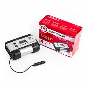 Цифровой компрессор AUTOPROFI, 30 л./мин.,  "4 в 1", 12V/15A, 140W, 7 Атм.,  шланг 0,7 м., питание от прикуривателя, ЖК дисплей, установка давления, тестирование АКБ и генератора, фонарь, набор из 4-х