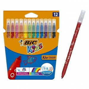 Цветные фломастеры 12 цветов, детские, смываемые, среднее письмо, BIC Kid Couleur