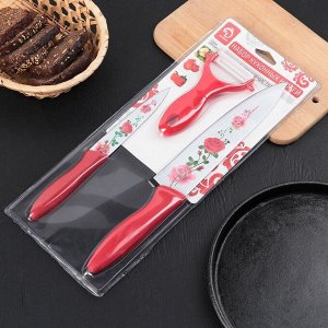 Набор кухонных принадлежностей Доляна «Нарцисс», 3 предмета: 2 ножа с антиналипающим покрытием, лезвие 12 см, овощечистка, 20x4 см, цвет красный