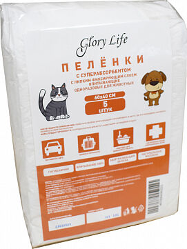 Glory Life c суперабсорбентом и липким фиксирующим слоем одноразовые для животных белые 5 шт пеленка  60x40 см