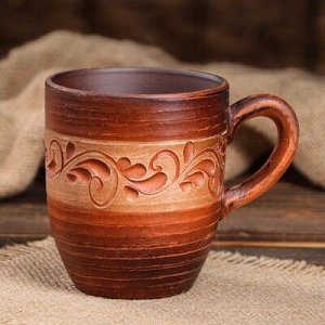 Чашка "Чайная", роспись ангобом, красная глина, 0,35 л