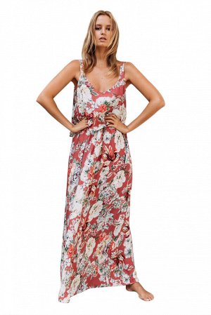 Розовое с цветочным принтом платье-сарафан макси длины