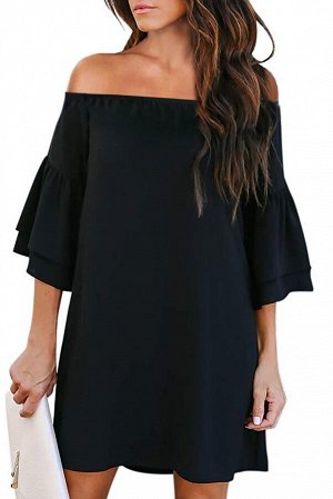 Черное свободное мини платье с открытыми плечами и воланами на рукавах