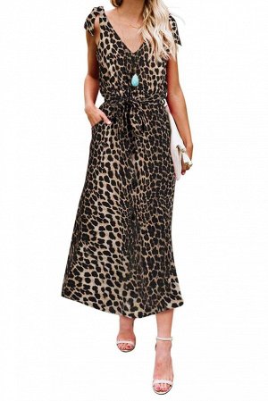 Леопардовое приталенное макси платье с поясом и бантиками на плечах