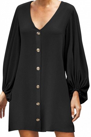 Черное платье-рубашка с V-образным вырезом и пышными рукавами