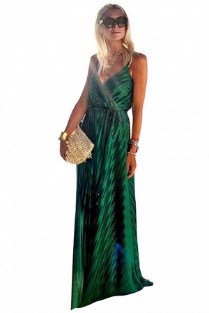 Зеленое атласное платье с V-образным вырезом и принтом "гусиная лапка"
