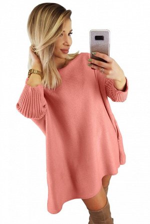 Розовое свободное платье-свитер с карманами и рукавами "летучая мышь"