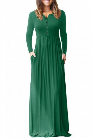 Зеленое приталенное платье на пуговицах и с карманами в боковых швах