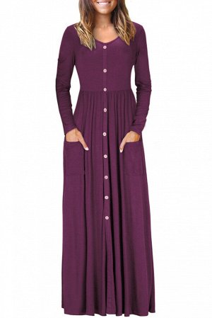 Гранатовое приталенное платье с карманами и застежкой на пуговицы