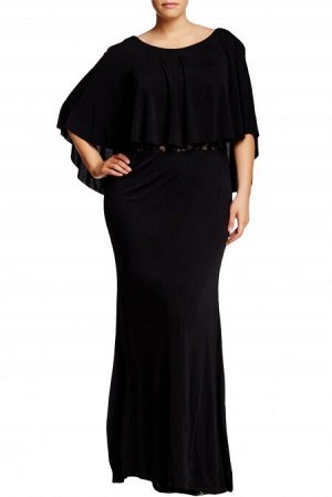 Черное приталенное платье с расклешенными рукавами и кружевной вставкой сзади