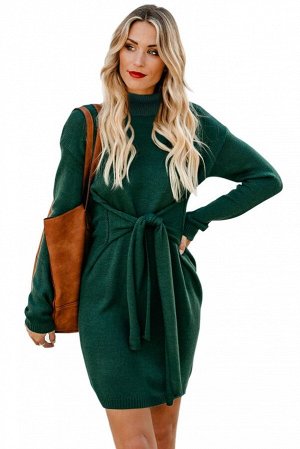 Зеленое платье-джемпер с длинными рукавами и завязками на талии