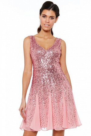 Розовое шифоновое мини платье в блестящих пайетках и с пышной юбкой