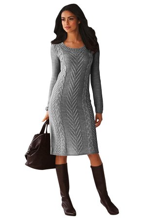 Серое вязаное платье-свитер с круглым вырезом