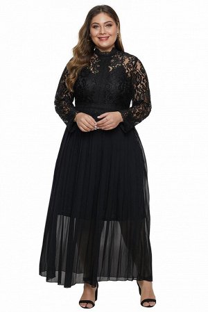 Черное макси платье с кружевным верхом и прозрачной широкой юбкой
