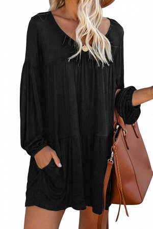 Черное платье-туника с пышными рукавами, воланами и карманами