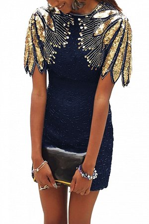 Синее облегающее мини платье с золотистыми в пайетках рукавами-"крыльями"
