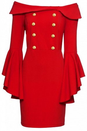 Красное платье с двойной линией пуговиц, отворотом на плечах и рукавами с воланами