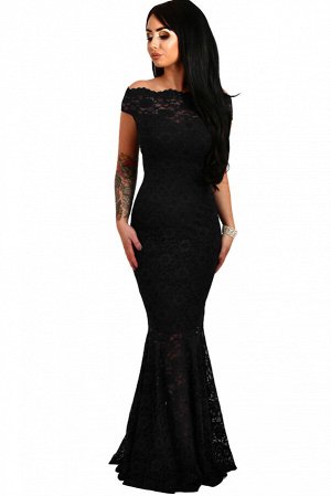 Черное кружевное платье-русалка со спущенными короткими рукавами