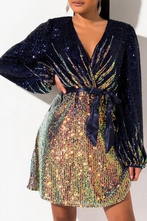 Золотисто-синее приталенное платье с поясом и блестящим узором из пайеток